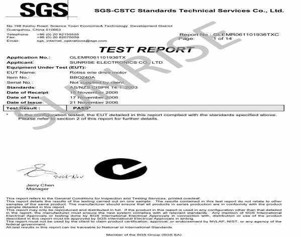 Sunrise C-TICK Certificate