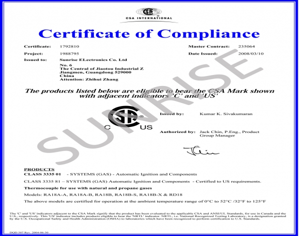 Sunrise Thermocouple CSA Certificate